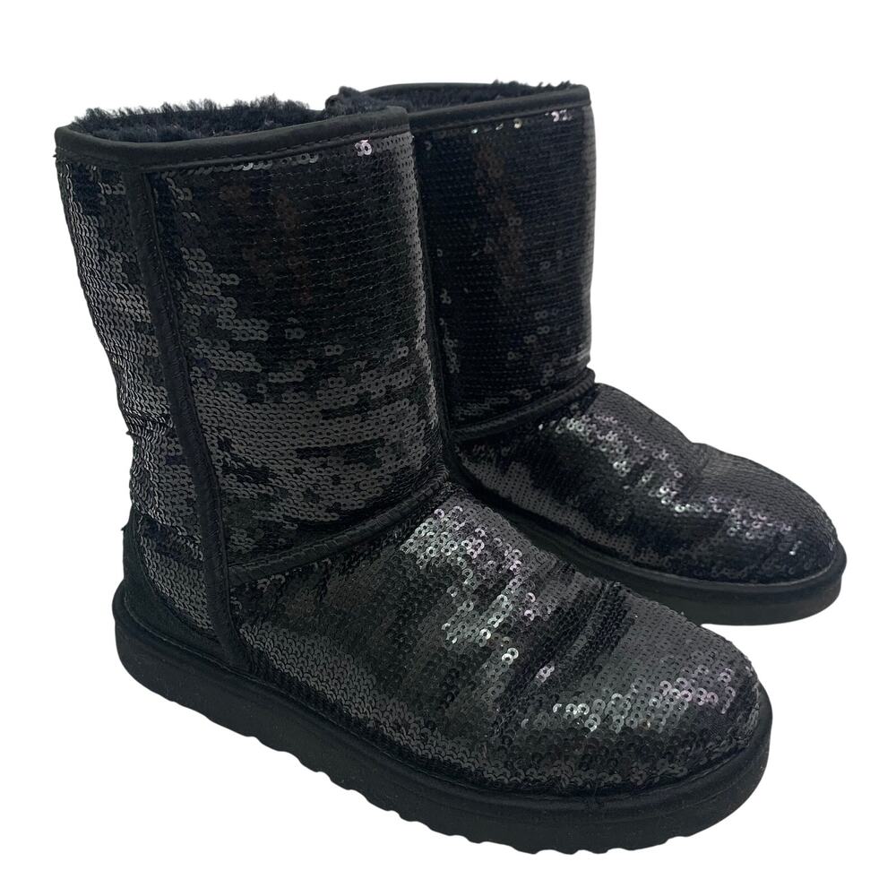 Ugg Sequin Short Boots Womens Sz 7 Black Sparkle Classic Cosmos Metallic Suede